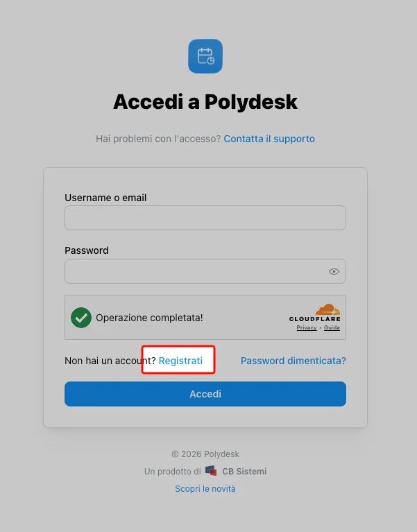 Pagina di login con pulsante Registrati