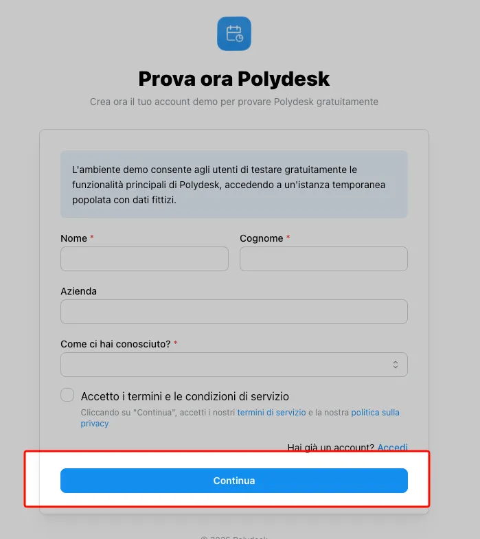 Modulo di registrazione demo